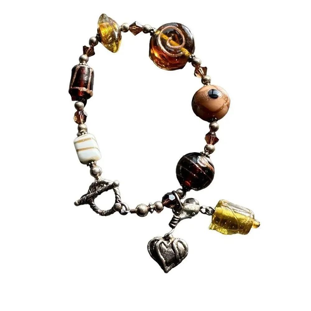 Art Glass bracelet beaded brown amber white and silver toggle clasp
